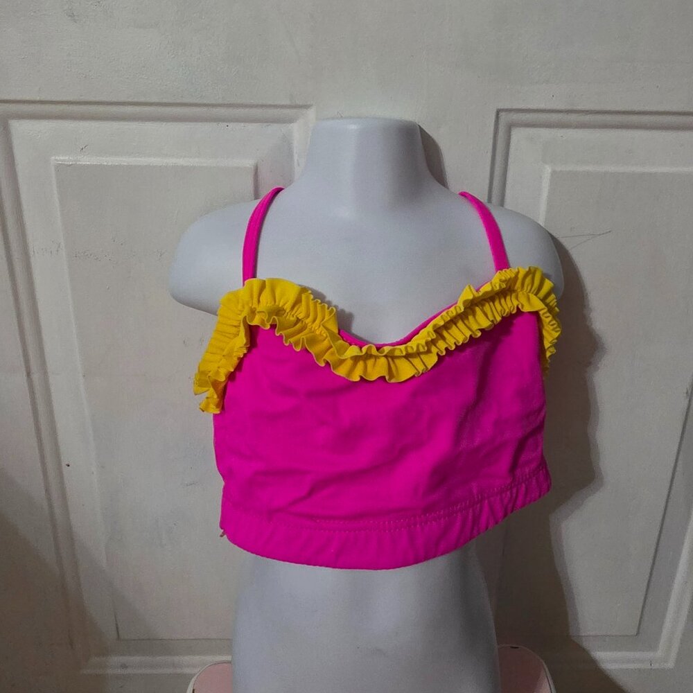 Hot Pink Crop Top With Yellow Ruffle Trim